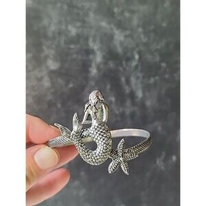 Silver Tone Mermaid and Starfish Bangle Bracelet Vintage Costume Jewelry